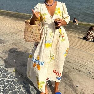 NEVER WORN LINEN TROPICAL NOVELTY PRINT MIDI DRESS SIZE L-XL